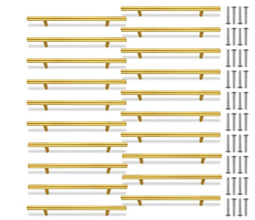 10 PCS Gold Cabinet Handles 128mm Hole Centres 200mm T Bar Kitchen Pulls