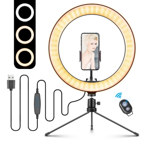 10" Portable Selfie LED Lamp for Tabletop Photography: black, white ring light with tripod, phone holder, USB control cable