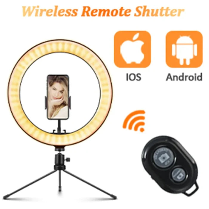 10" Portable Selfie LED Lamp for Tabletop Photography: black, white ring light with tripod, phone holder, USB control cable