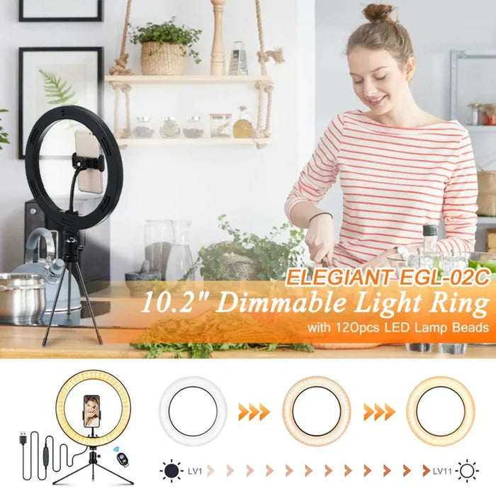 10" Portable Selfie LED Lamp for Tabletop Photography: black, white ring light with tripod, phone holder, USB control cable