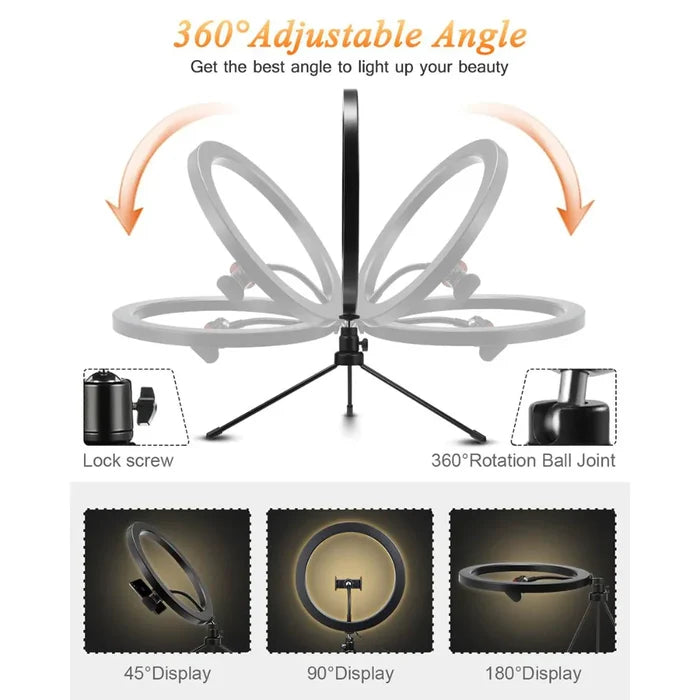 10" Portable Selfie LED Lamp for Tabletop Photography: black, white ring light with tripod, phone holder, USB control cable