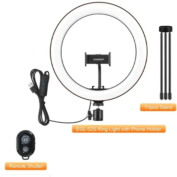 10" Portable Selfie LED Lamp for Tabletop Photography: black, white ring light with tripod, phone holder, USB control cable