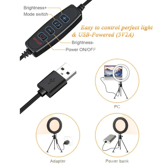 10" Portable Selfie LED Lamp for Tabletop Photography: black, white ring light with tripod, phone holder, USB control cable