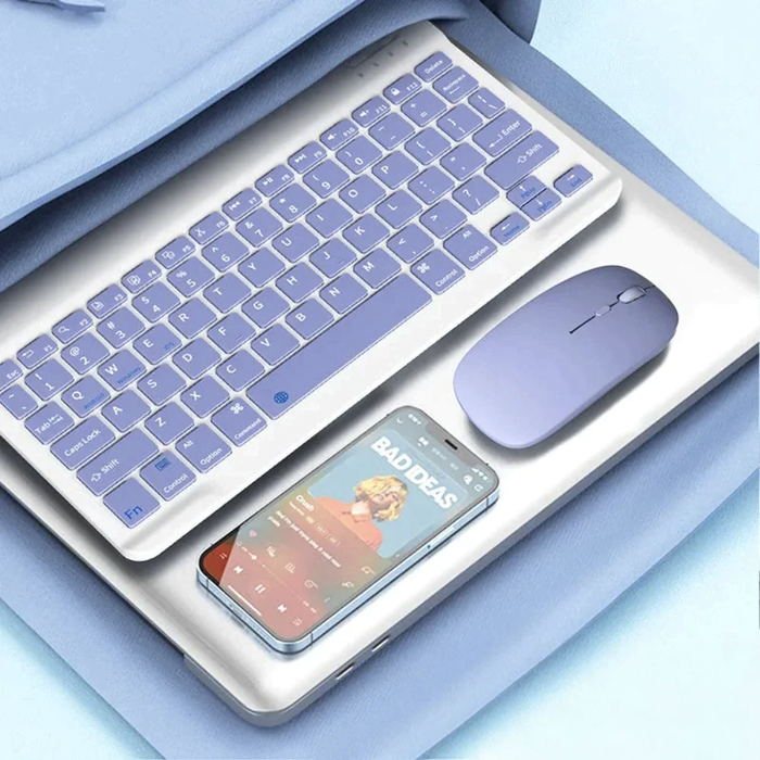 10" Wireless Bluetooth Keyboard and Mouse Set by "": lavender purple, white portable keyboard and mouse set with a smartphone