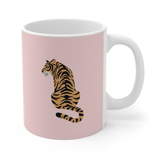 11 oz Pink Leopard Coffee Cup: pale pink, white tiger, cartoon style