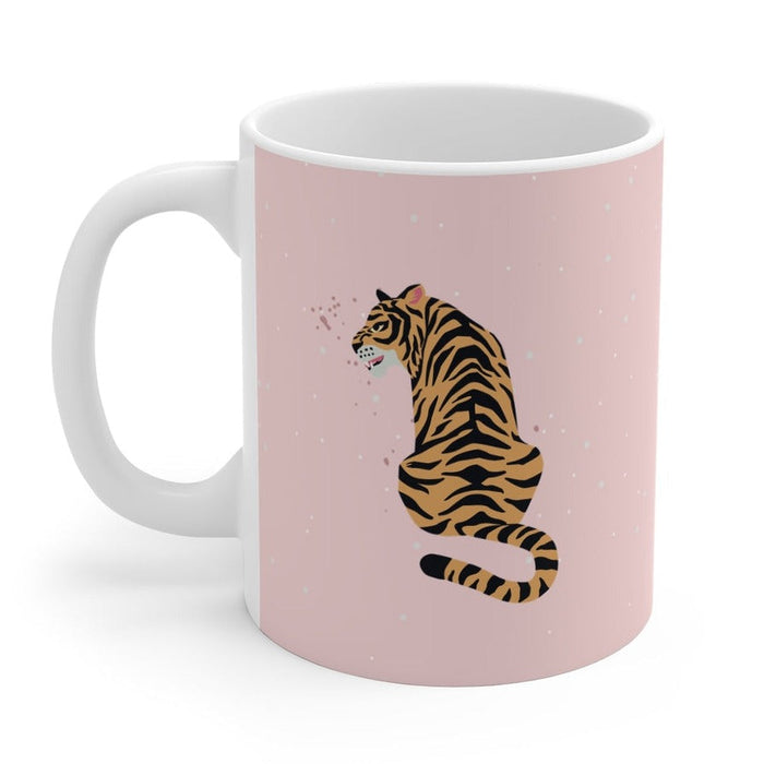 11 oz Pink Leopard Coffee Cup: pale pink, white tiger, cartoon style