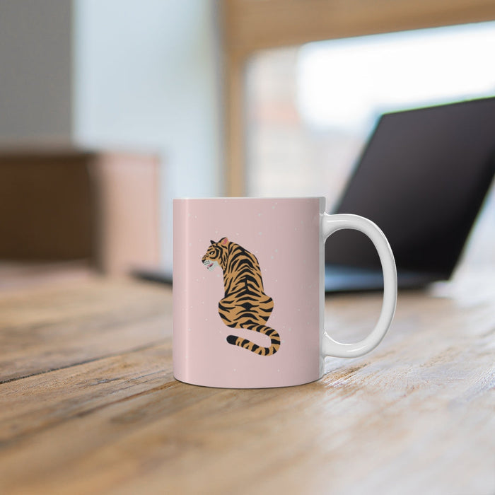 11 oz Pink Leopard Coffee Cup: pale pink, white tiger, cartoon style