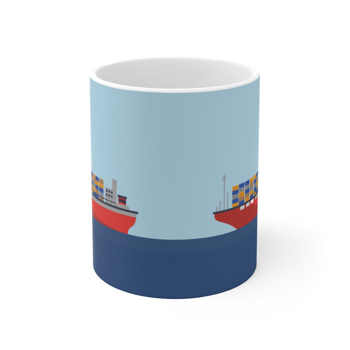 11oz Ceramic Mug, Cargo Vessel Design: white, light blue container ship, minimal cartoon illustration style