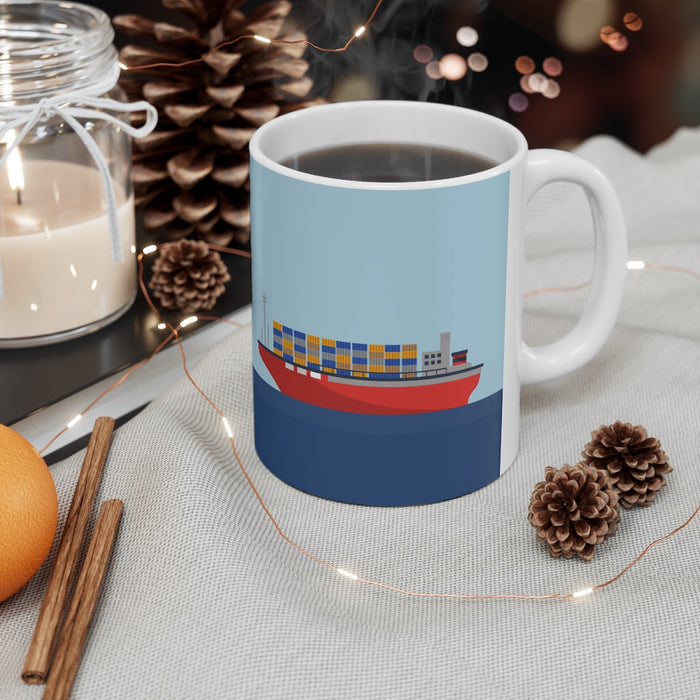 11oz Ceramic Mug, Cargo Vessel Design: white, light blue container ship, minimal cartoon illustration style