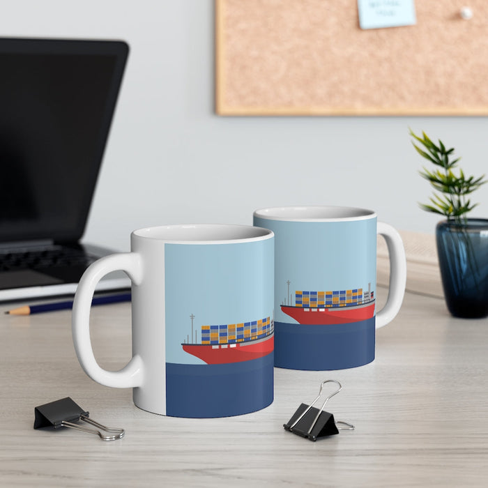 11oz Ceramic Mug, Cargo Vessel Design: white, light blue container ship, minimal cartoon illustration style