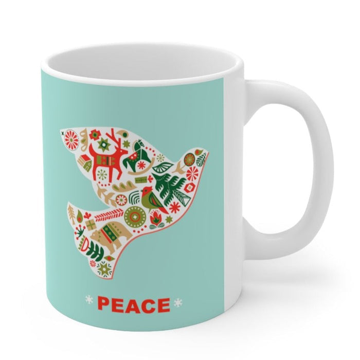 11oz Ceramic Mug, Dove of Peace for the Holiday Season: white, mint turquoise dove bird with peace theme, graphic folk-art ho