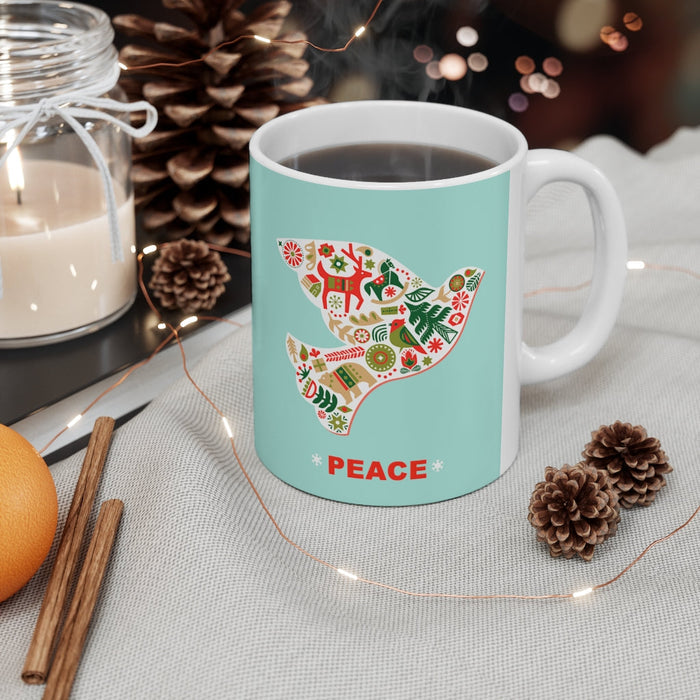 11oz Ceramic Mug, Dove of Peace for the Holiday Season: white, mint turquoise dove bird with peace theme, graphic folk-art ho