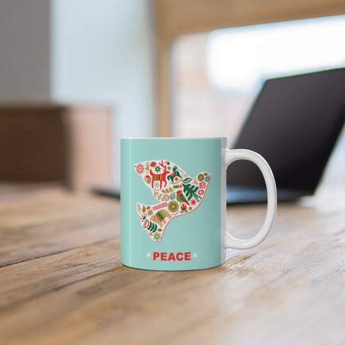 11oz Ceramic Mug, Dove of Peace for the Holiday Season: white, mint turquoise dove bird with peace theme, graphic folk-art ho