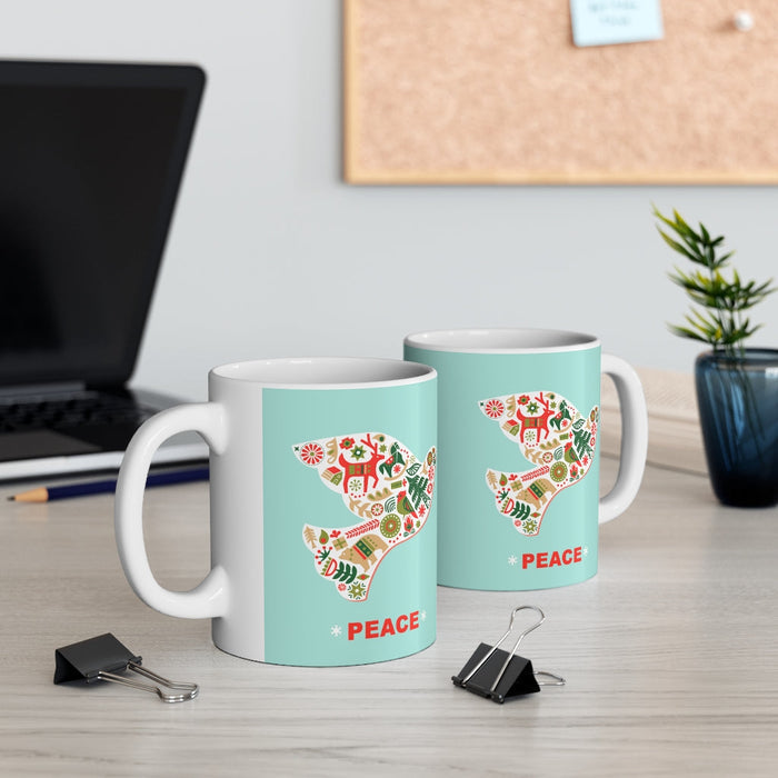 11oz Ceramic Mug, Dove of Peace for the Holiday Season: white, mint turquoise dove bird with peace theme, graphic folk-art ho