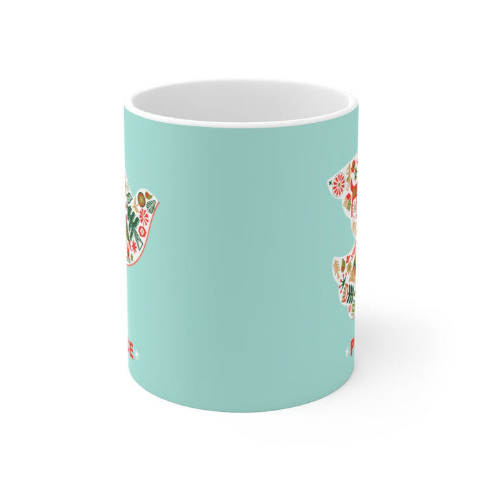 11oz Ceramic Mug, Dove of Peace for the Holiday Season: white, mint turquoise dove bird with peace theme, graphic folk-art ho