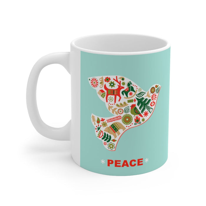 11oz Ceramic Mug, Dove of Peace for the Holiday Season: white, mint turquoise dove bird with peace theme, graphic folk-art ho