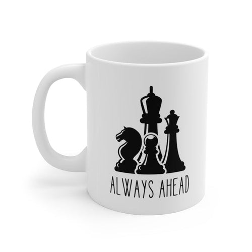 11oz Ceramic Mug with Chess Pieces Design: white, black chess pieces, minimal graphic style