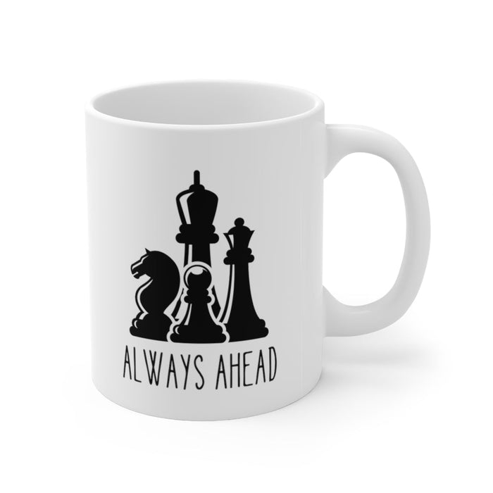 11oz Ceramic Mug with Chess Pieces Design: white, black chess pieces, minimal graphic style