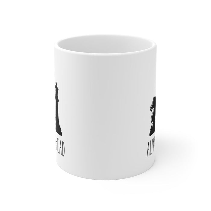 11oz Ceramic Mug with Chess Pieces Design: white, black chess pieces, minimal graphic style