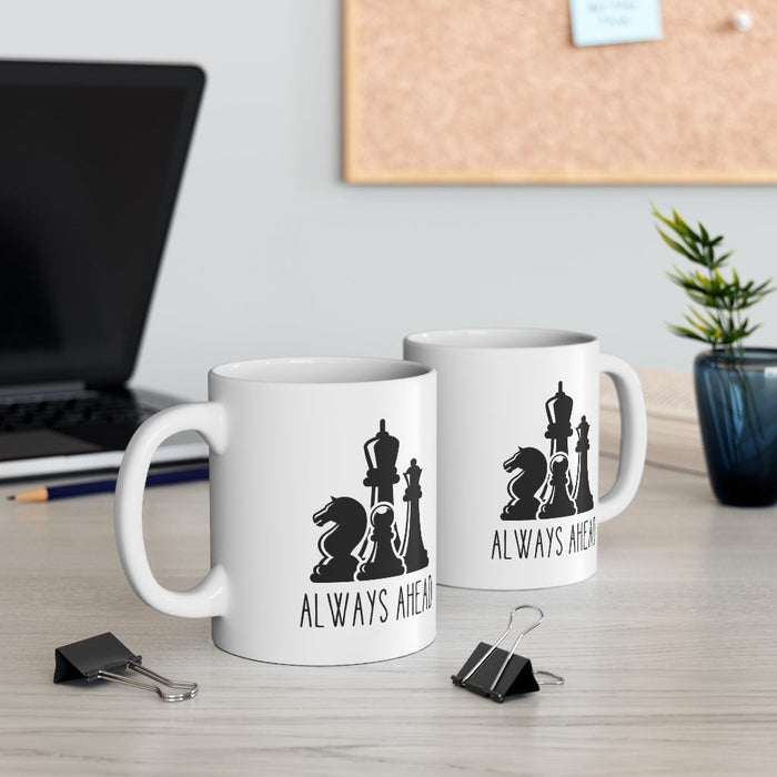 11oz Ceramic Mug with Chess Pieces Design: white, black chess pieces, minimal graphic style