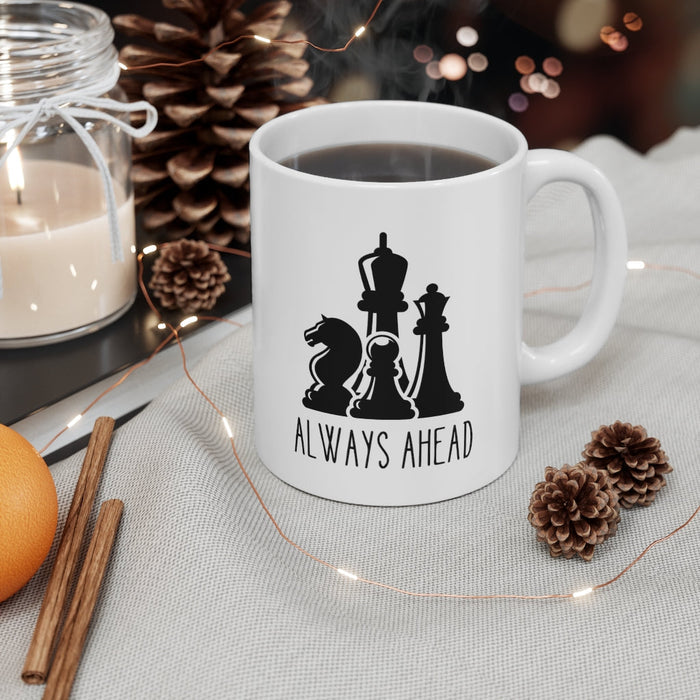 11oz Ceramic Mug with Chess Pieces Design: white, black chess pieces, minimal graphic style