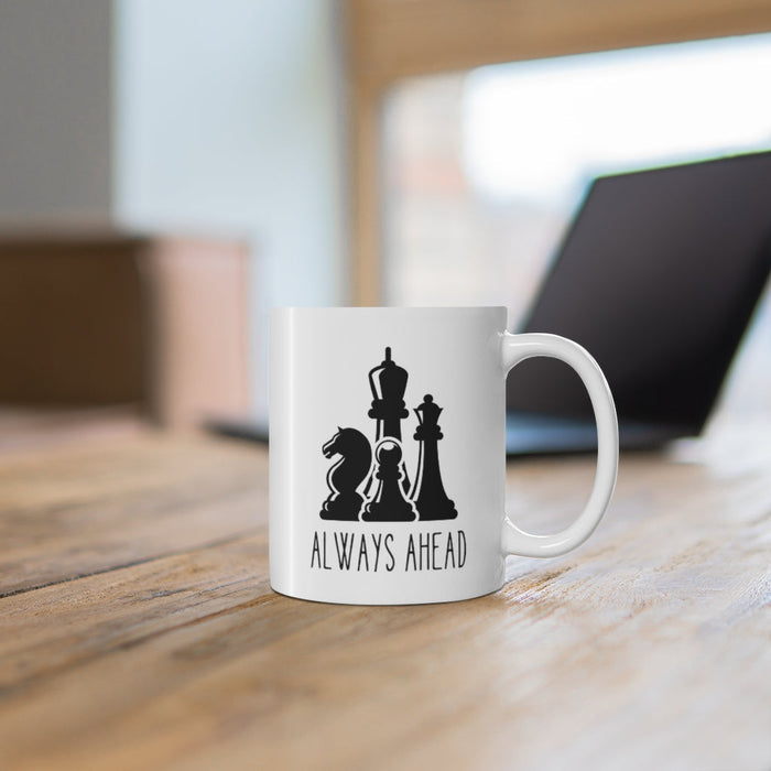 11oz Ceramic Mug with Chess Pieces Design: white, black chess pieces, minimal graphic style