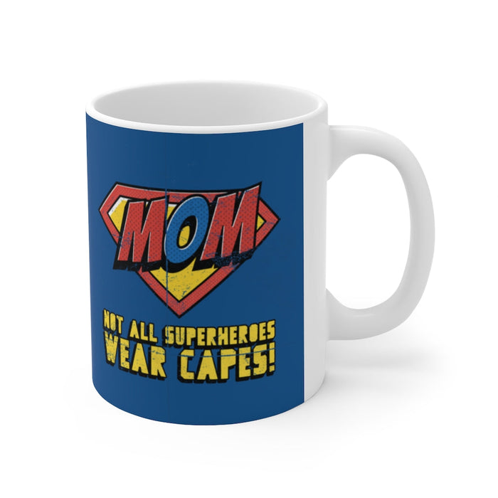 11oz Mom Mug with Superhero Design: white, dark blue Mother/superhero theme, cartoon comic-book superhero style