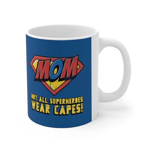 11oz Mom Mug with Superhero Design: white, dark blue Mother/superhero theme, cartoon comic-book superhero style