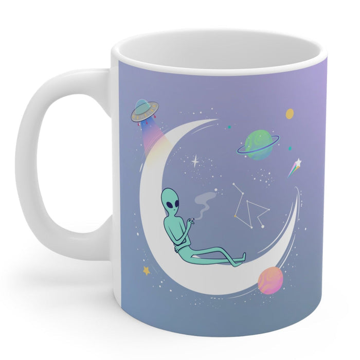 11oz Purple Alien Mug, A Cool and Spooky Drinkware: white, lavender alien space theme, cartoon kawaii style