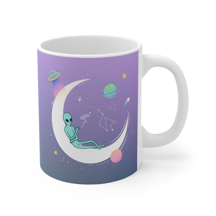 11oz Purple Alien Mug, A Cool and Spooky Drinkware: white, lavender alien space theme, cartoon kawaii style