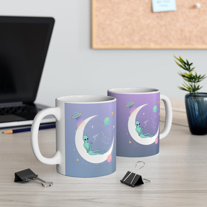 11oz Purple Alien Mug, A Cool and Spooky Drinkware: white, lavender alien space theme, cartoon kawaii style