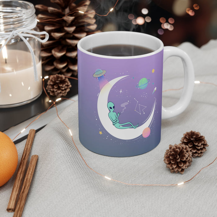11oz Purple Alien Mug, A Cool and Spooky Drinkware: white, lavender alien space theme, cartoon kawaii style
