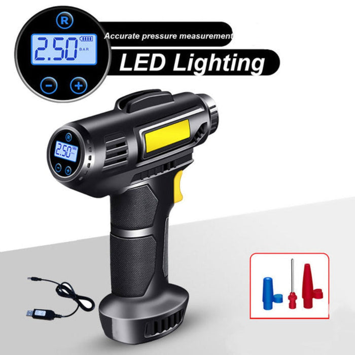 12V Air Compressor Pump with Portable Design and LED Light: black, dark gray handheld air pump/inflator, modern industrial st