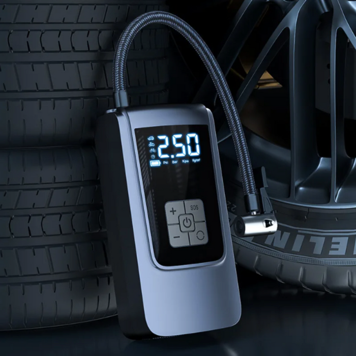 12V Portable Digital Air Compressor: Compact and Wireless: dark gray, black portable electric air pump/inflator, modern minim