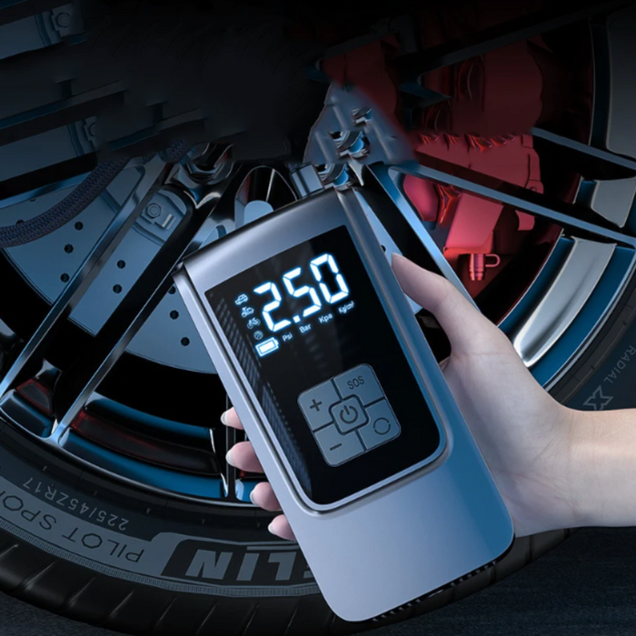 12V Portable Digital Air Compressor: Compact and Wireless: dark gray, black portable electric air pump/inflator, modern minim