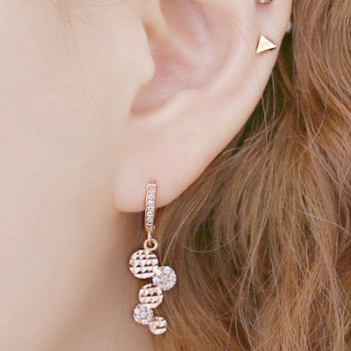 14K Gold Pin Rose Gold Crystal Fion Circle Coin Earrings: rose gold, clear/white dangle earring, delicate, glamorous style