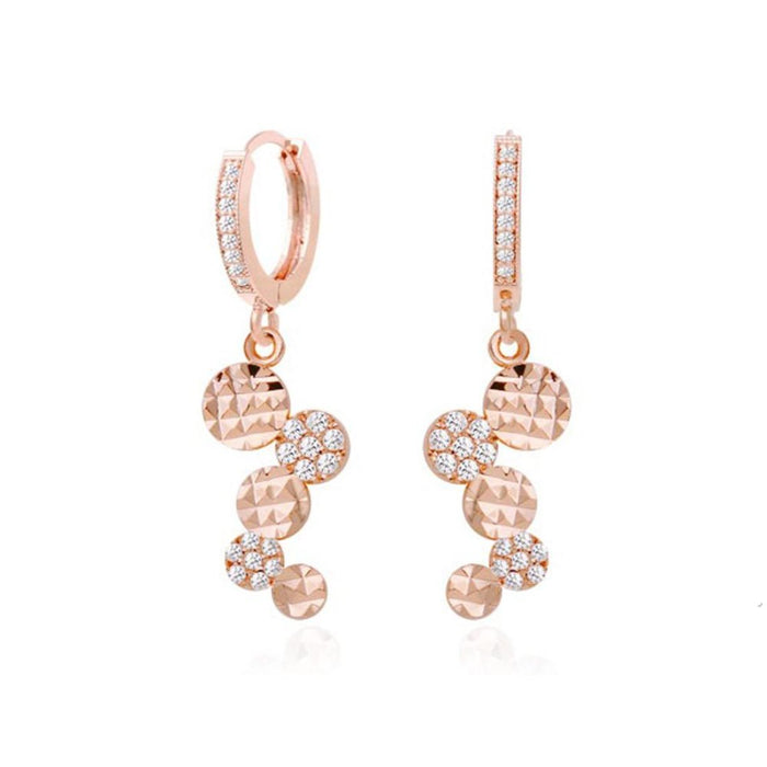 14K Gold Pin Rose Gold Crystal Fion Circle Coin Earrings: rose gold, clear/white dangle earring, delicate, glamorous style
