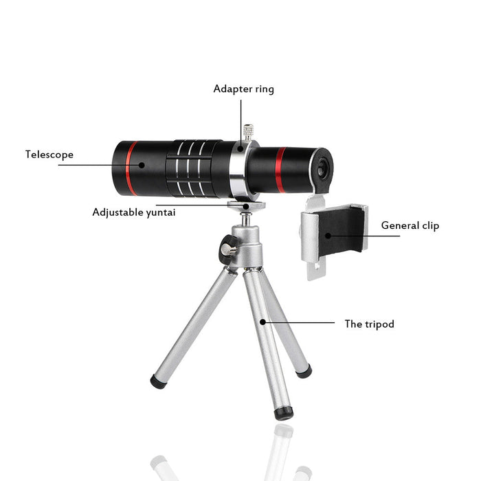 18X Zoom Smartphone Camera Lens with Tripod Clip For iPhones, Samsungs, Pixels, LG, and Oneplus: black, silver clip-on smartp