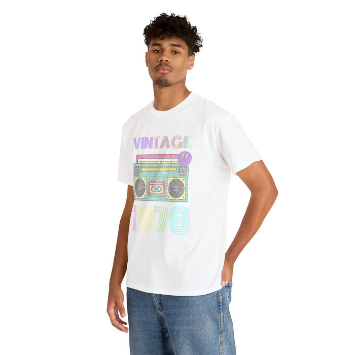 1978 Retro Style Men's T-Shirt: black, purple vintage 1970s boombox theme, retro graphic style