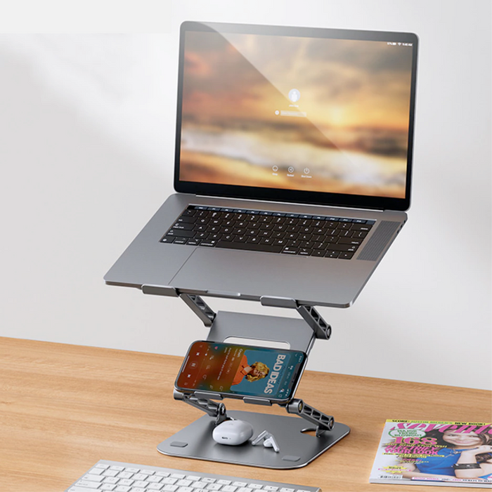 2-in-1 Adjustable Stand for Notebooks and Phones: gray, black adjustable laptop stand with lower phone holder, minimal modern