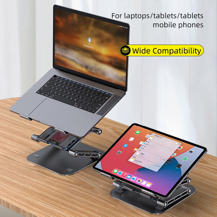 2-in-1 Adjustable Stand for Notebooks and Phones: gray, black adjustable laptop stand with lower phone holder, minimal modern