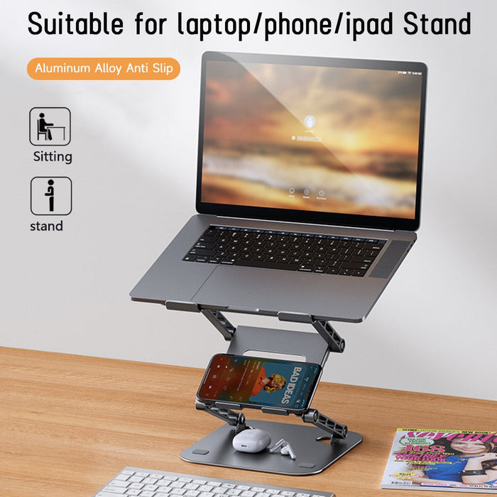 2-in-1 Adjustable Stand for Notebooks and Phones: gray, black adjustable laptop stand with lower phone holder, minimal modern