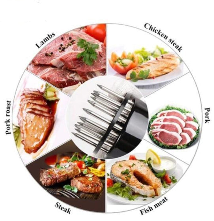 2-Piece Set of Meat Tenderizers with Stainless Steel Needles: silver, black meat tenderizer tool, product infographic style