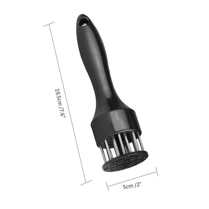 2-Piece Set of Meat Tenderizers with Stainless Steel Needles: silver, black meat tenderizer tool, product infographic style