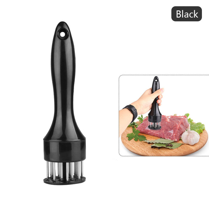 2-Piece Set of Meat Tenderizers with Stainless Steel Needles: silver, black meat tenderizer tool, product infographic style