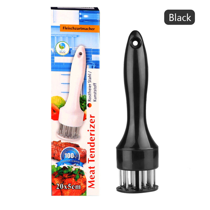 2-Piece Set of Meat Tenderizers with Stainless Steel Needles: silver, black meat tenderizer tool, product infographic style