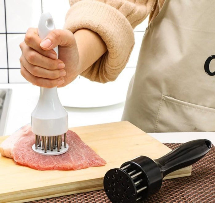 2-Piece Set of Meat Tenderizers with Stainless Steel Needles: silver, black meat tenderizer tool, product infographic style