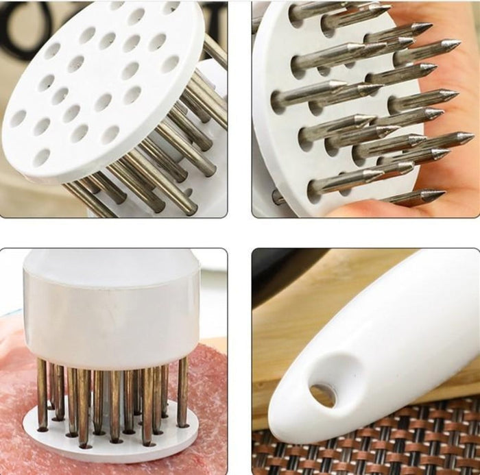 2-Piece Set of Meat Tenderizers with Stainless Steel Needles: silver, black meat tenderizer tool, product infographic style