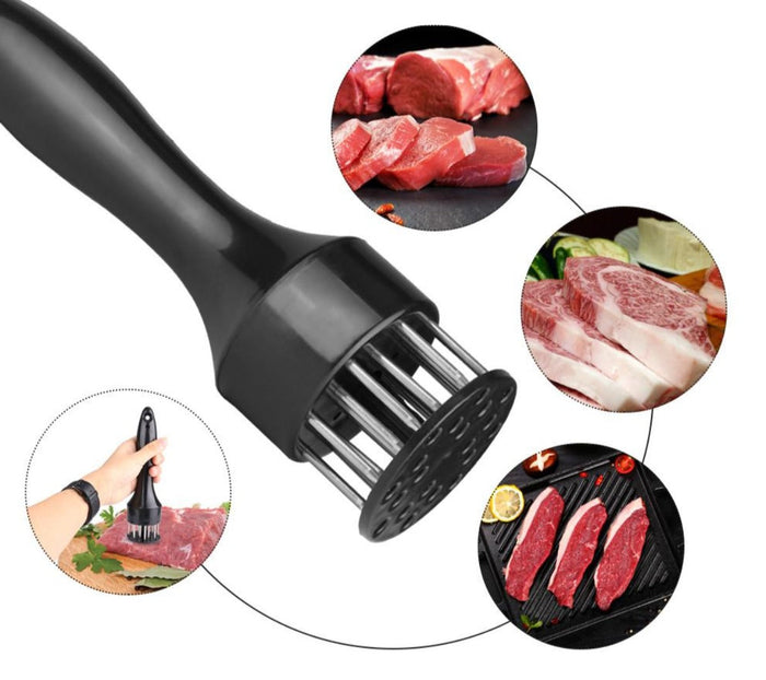 2-Piece Set of Meat Tenderizers with Stainless Steel Needles: silver, black meat tenderizer tool, product infographic style