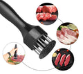 2-Piece Set of Meat Tenderizers with Stainless Steel Needles: silver, black meat tenderizer tool, product infographic style